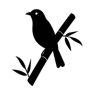 Bambu dalına yapraklarla tünemiş bir kuşun silueti.