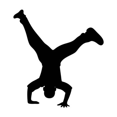 Bir adamın silueti amuda kalkarken bacaklarını sonuna kadar açıyor.