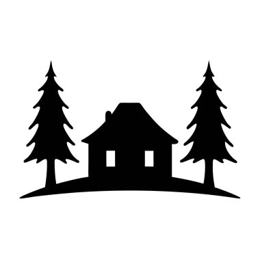 Yuvarlanan Tepedeki İki Uzun Evergreen Ağacı Arasındaki Konforlu Kulübenin Silueti