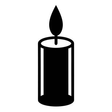 Basit bir ikon illüstrasyonunun tepesinde yanan bir alev olan tek bir siyah silindirik mum.