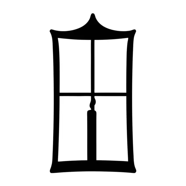 Eski bir pencere çerçevesinin içinde sivri uçlu bir mum silueti.