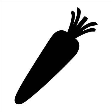 Beyaz arka planda yeşil yapraklı basit bir havuç silueti.