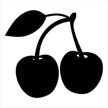 Siyah yapraklı beyaz arka planda iki siyah kiraz.