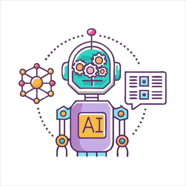 Kafasında ve karmaşık ağında vites olan renkli çizgi film yapay zeka robotu