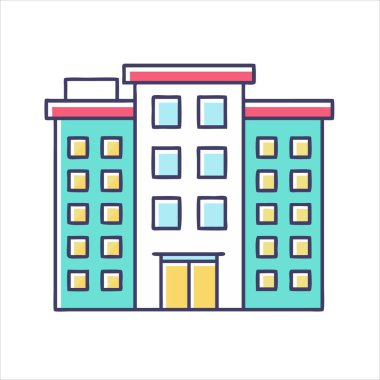 Simetrik tasarım ve renkli elementlere sahip modern kentsel mimari yapı