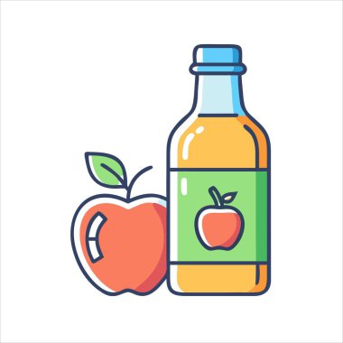 Elma suyu şişesinin yanında elma resmi.