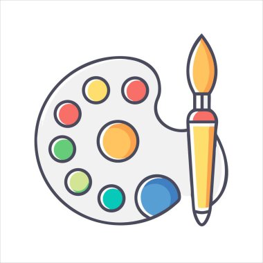 Renkli bir palet, farklı renkte noktalar ve boya fırçası çizimi.