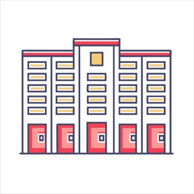 Birden fazla pencere ve giriş kapısı olan renkli bina çizimi