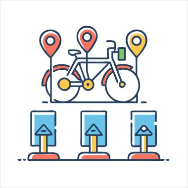Bisiklet paylaşım konumu bisiklet, harita göstergeleri ve kenetlenme istasyonları resmedildi