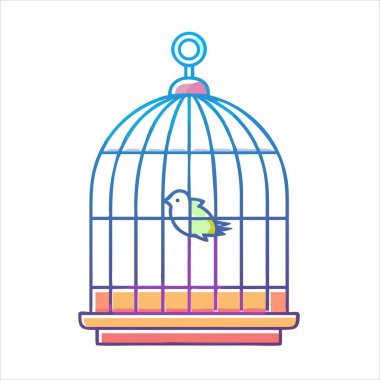 Renkli bir eğilim ve ana hatlara sahip kafesteki bir kuşun stilize çizimi