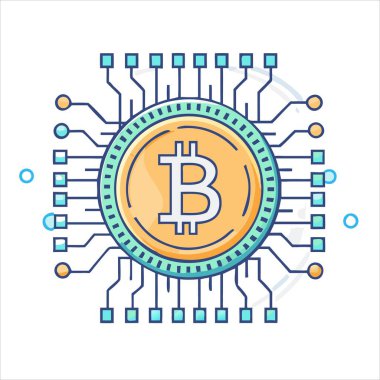 Bilgisayar Devresi ve Dijital Bağlantılı Bitcoin Şifreleme Teknolojisi Sembolü