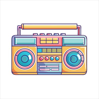 Renkli Çizgi Film Boombox İllüstrasyonu, Kalın Özet ve Ayrıntılı Retro Müzik Oynatıcı