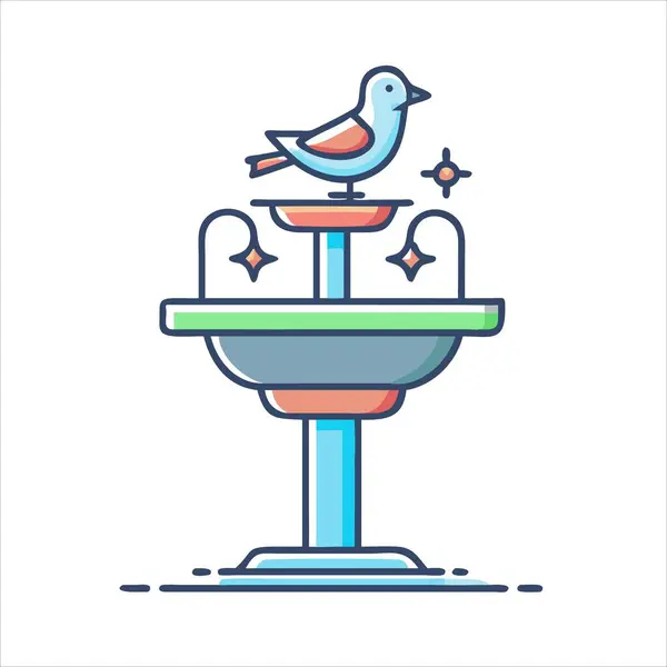 Tuhaf bir kuş banyosunun tepesine tünemiş bir kuşun büyüleyici bir çizimi.