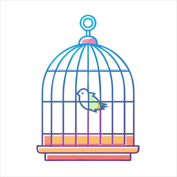 Stylized illustration of a caged bird with colorful gradient and outline