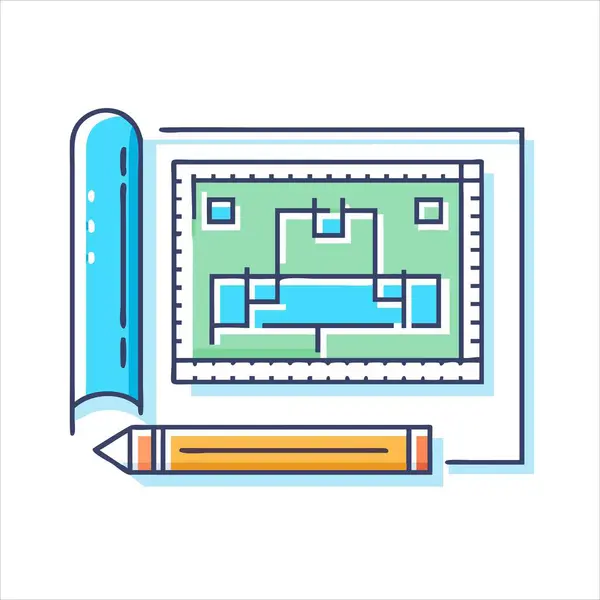 Döşeme planı ve tasarım sürecini temsil eden taslak araçları içeren mimari planlar