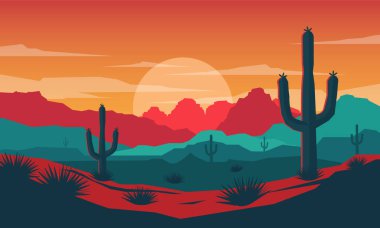 Desert landscape with cactuses and mountains. Vector illustration