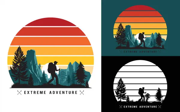 Dağlarda yürüyüş yapan biri. Sırt çantalı bir adamın silueti. Vektör illüstrasyonu.