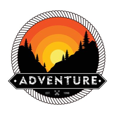 Beyaz arka planda macera logosu etiketi, vektör illüstrasyonu. Eps 10 dosyası.