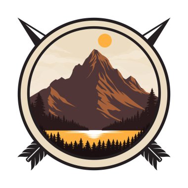 Dağ ve göl yuvarlak bir rozetle macera logosu için beyaz arka planda