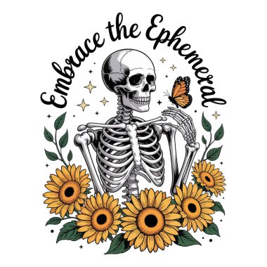 Ayçiçekleriyle çevrili bir iskelet ve kelebek vektör çizimi tasarımı