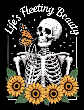 Kelebek ve güneş çiçeği tişörtü tasarlanmış bir iskelet.
