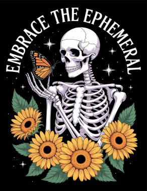 Kelebek ve güneş çiçeği tişörtü tasarlanmış bir iskelet.