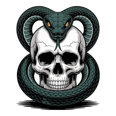 Yılan vektörü illüstrasyonuyla çevrili bir kafatası.
