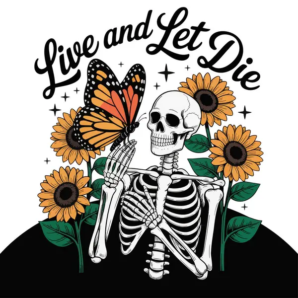 Kelebekli ve ayçiçekli iskelet, huzurlu bir görüntü.