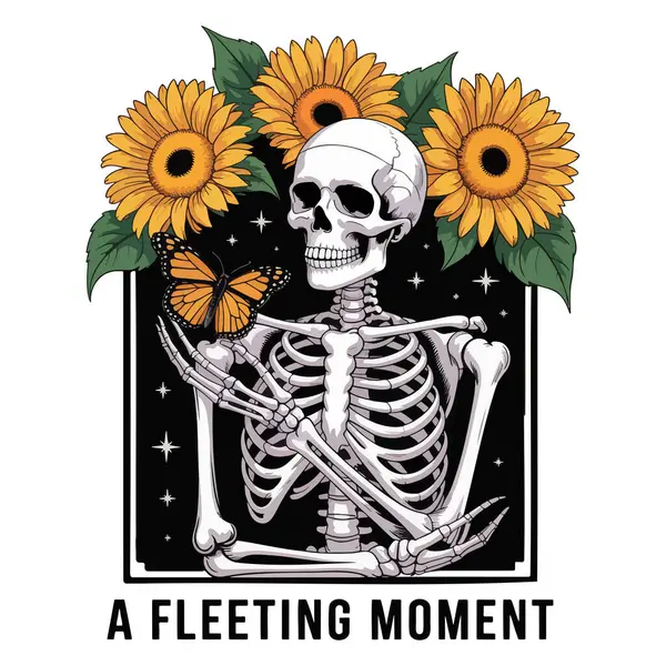Çiçeklerle süslenmiş bir iskelet ve yaşam vektör çiziminin geçici doğasını ifade eden bir kelebek.