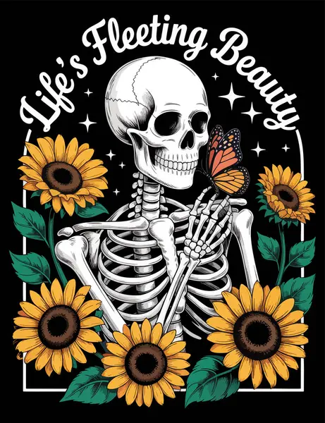 Çiçeklerle süslenmiş bir iskelet ve yaşam vektör çiziminin geçici doğasını ifade eden bir kelebek.