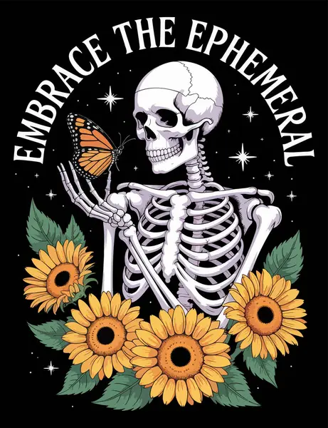 Kelebek ve güneş çiçeği tişörtü tasarlanmış bir iskelet.