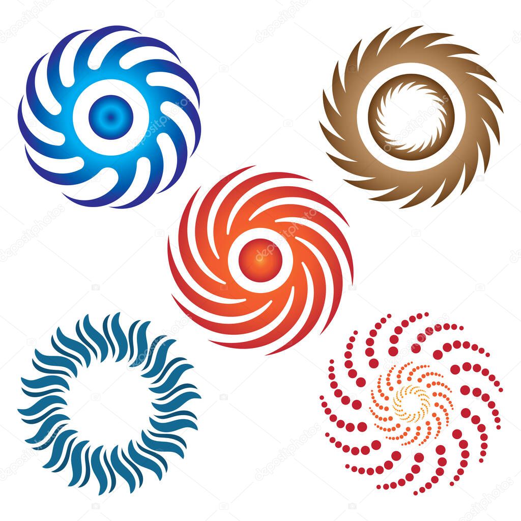 Set of abstract design elements. Swirl, twirl, spiral and vortex shapes
