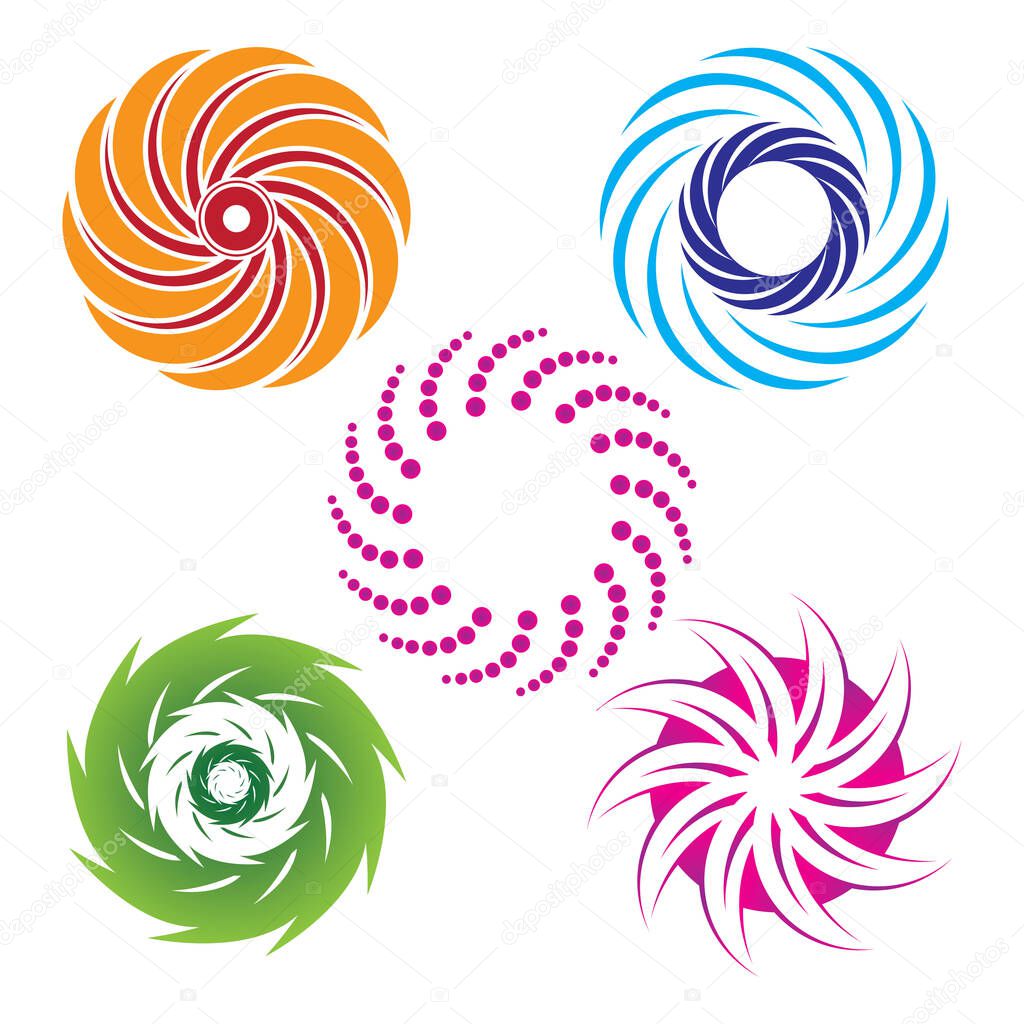 Set of abstract design elements. Swirl, twirl, spiral and vortex shapes