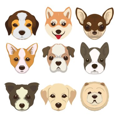 Çizgi filmlerdeki bir sürü köpek kafası. Vektör illüstrasyonu beyaz arkaplanda izole edildi.