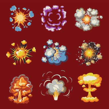 Bir dizi patlama. Çizgi film tarzında patlamalar. Vektör illüstrasyonu.