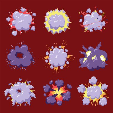 Patlamalar ve patlamalar. Düz bir şekilde vektör illüstrasyonu.