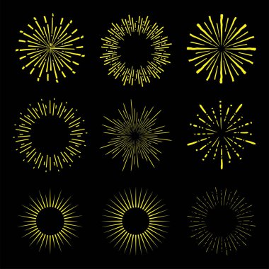Bir dizi yıldız patlaması, güneş patlaması, güneş patlaması tasarım elementleri. Vektör illüstrasyonu
