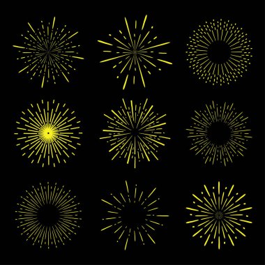 Klasik güneş patlaması tasarım elementi. Güneş ışığı seti. Güneş patlaması vektör illüstrasyonu.