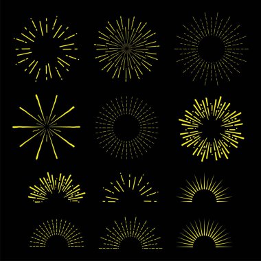 Klasik güneş patlaması tasarım elementi. Güneş ışığı seti. Güneş patlaması vektör illüstrasyonu.