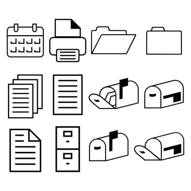 Beyaz arkaplanda izole edilmiş ofis dosya simgeleri siyah beyaz vektör illüstrasyonu