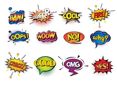 Komik konuşma baloncukları ayarlandı. Pop sanat tarzı. Vektör illüstrasyonu.