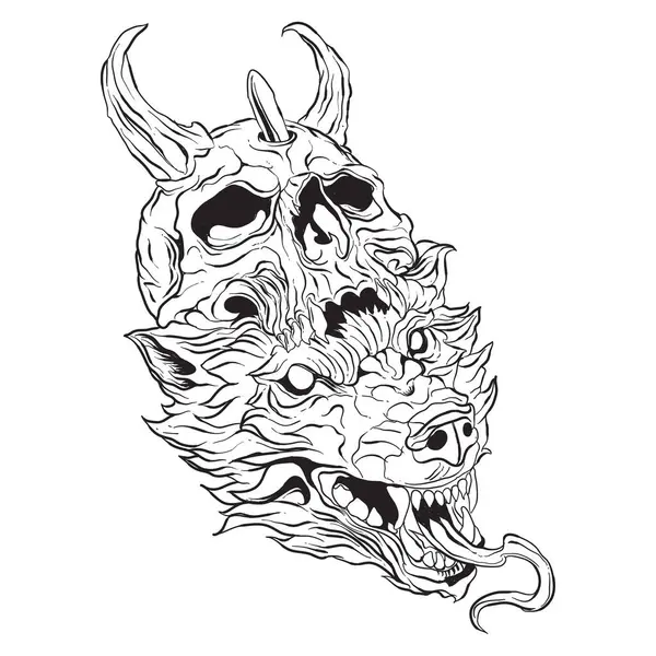Kurt ve kafatası dövmesi siyah ve beyaz. Vektör illüstrasyonu beyaz arkaplanda izole edildi.
