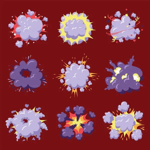 Patlamalar ve patlamalar. Düz bir şekilde vektör illüstrasyonu.