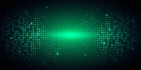 Soyut teknoloji fütüristik dijital konsept kare desenli koyu mavi zemin üzerinde parlayan parçacıkların kare elementlerini aydınlatan. Vektör illüstrasyonu
