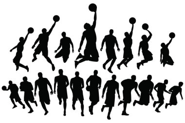 Beyaz arka planda basketbol oyuncularının siluetleri. Vektör illüstrasyonu