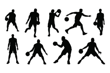 Beyaz arka planda basketbol oyuncularının siluetleri. Vektör illüstrasyonu