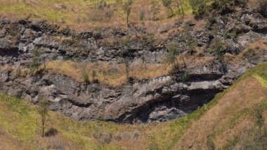 Bromo Dağı, Doğu Java, Endonezya 'da yeşil bitki örtülü doğal uçurum dokusu. Rocky dağı yüzeyi, doğa arka planı, jeolojik oluşum, seyahat güzergahı, vahşi doğa..