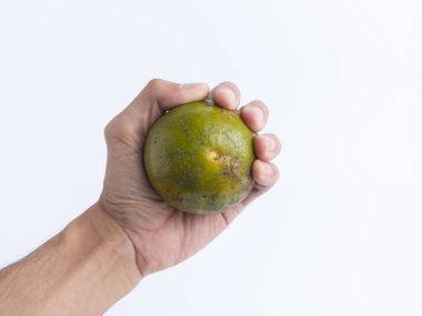 Bir erkek eli, beyaz arka planda dişi göğüsleri sembolize eden portakal meyvesi tutuyor. Göğüsler için kavramlar, hassas, kadınsı, kadın sağlığı, fallik sembol, cinsellik, sağlıklı beslenme, taze.