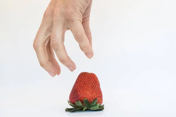 Beyaz arka planda olgun bir çileği tutan bir el.
