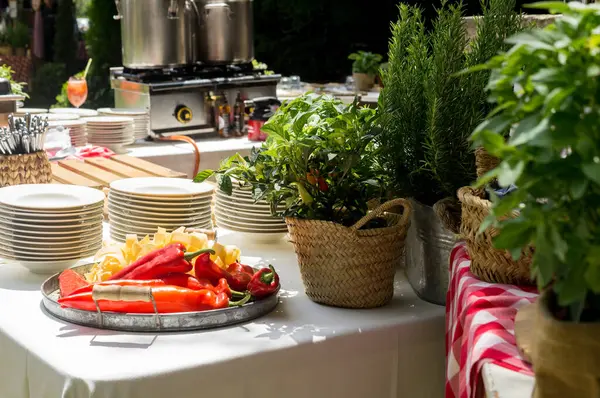 Biber ve güzel otlarla süslenmiş açık hava mutfağı.